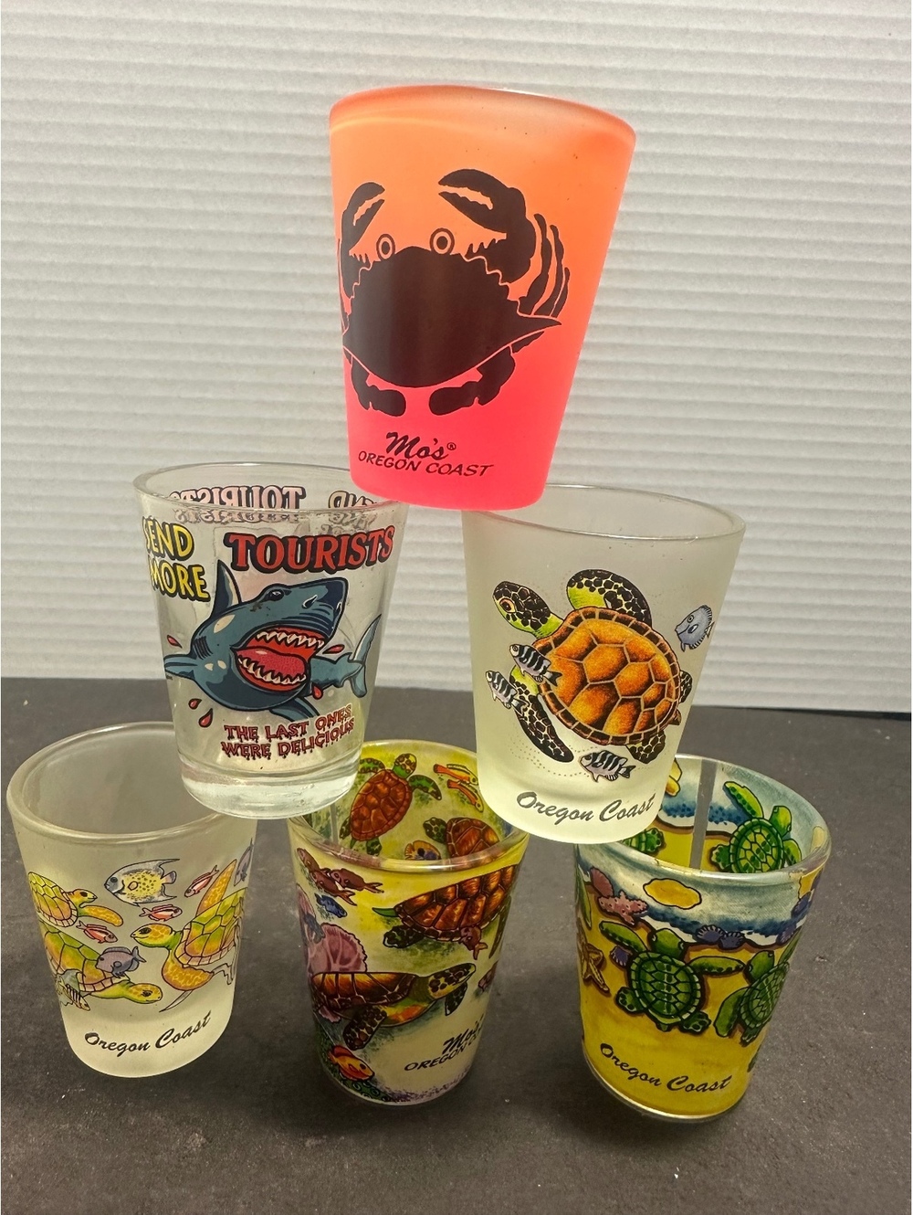 Lot of 6 Oregon Coast souvenir shot glasses turtles shark Mo’s crab